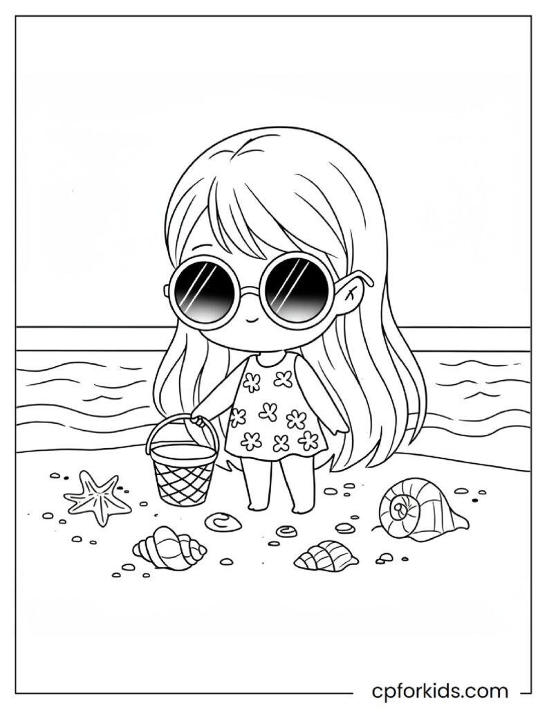 Cute girl with sunglasses collecting seashells on the beach, printable coloring page.