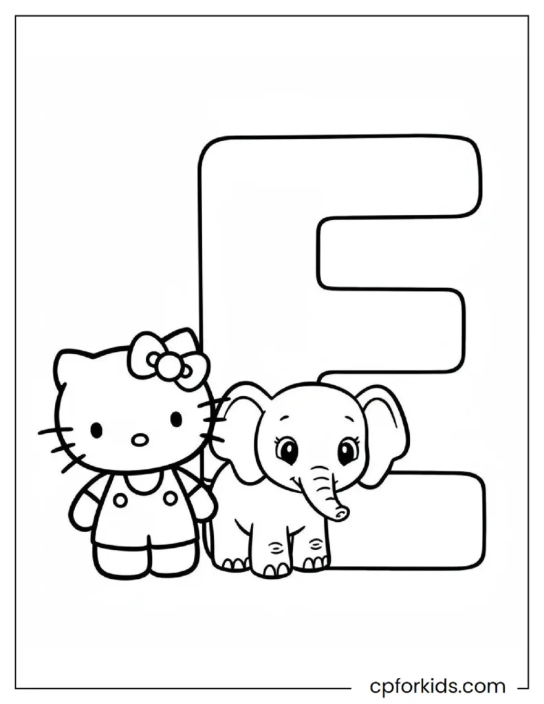 Cute Hello Kitty and a baby elephant next to the big letter E, ABC learning coloring page, free printable PDF.