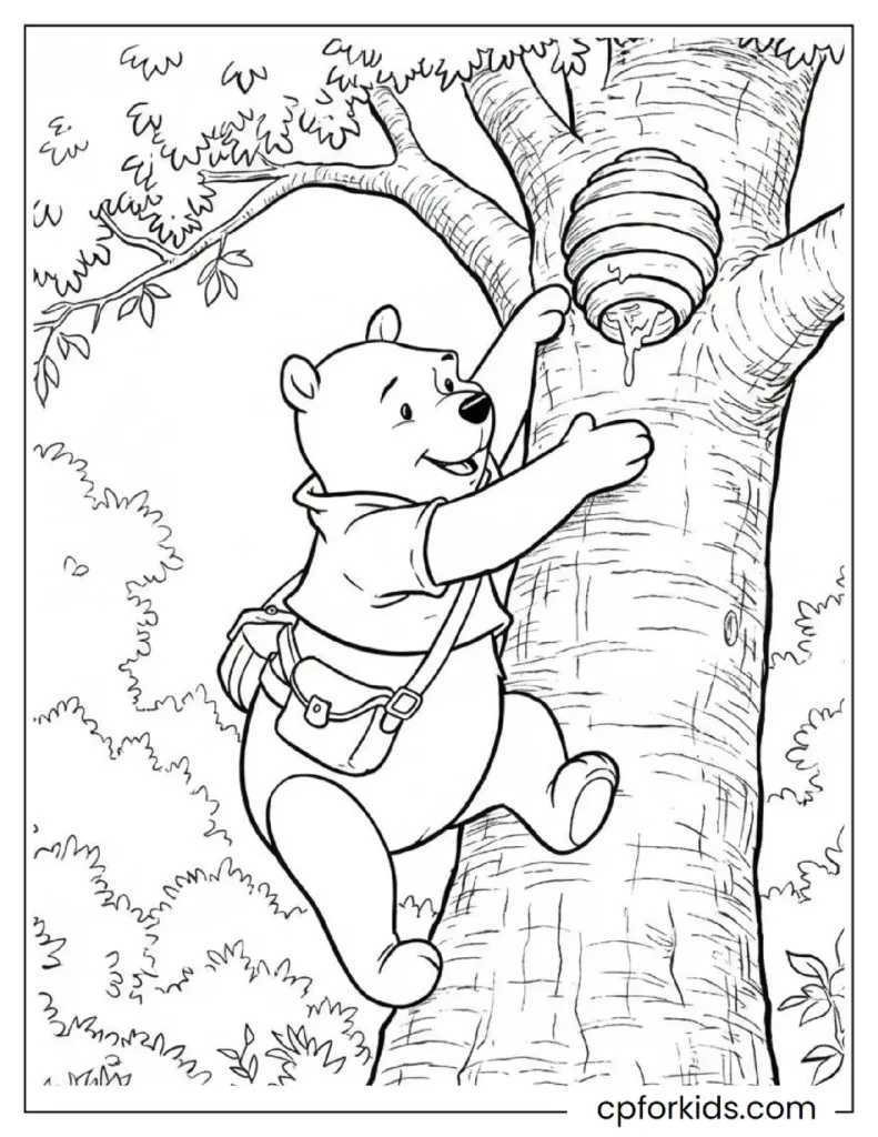 Winnie the Pooh Coloring Pages for Kids – Free Printable PDF 9 Cute Hero Pooh Who Climbs a Tree to Reach Honey Fantastic Fun Coloring Pages