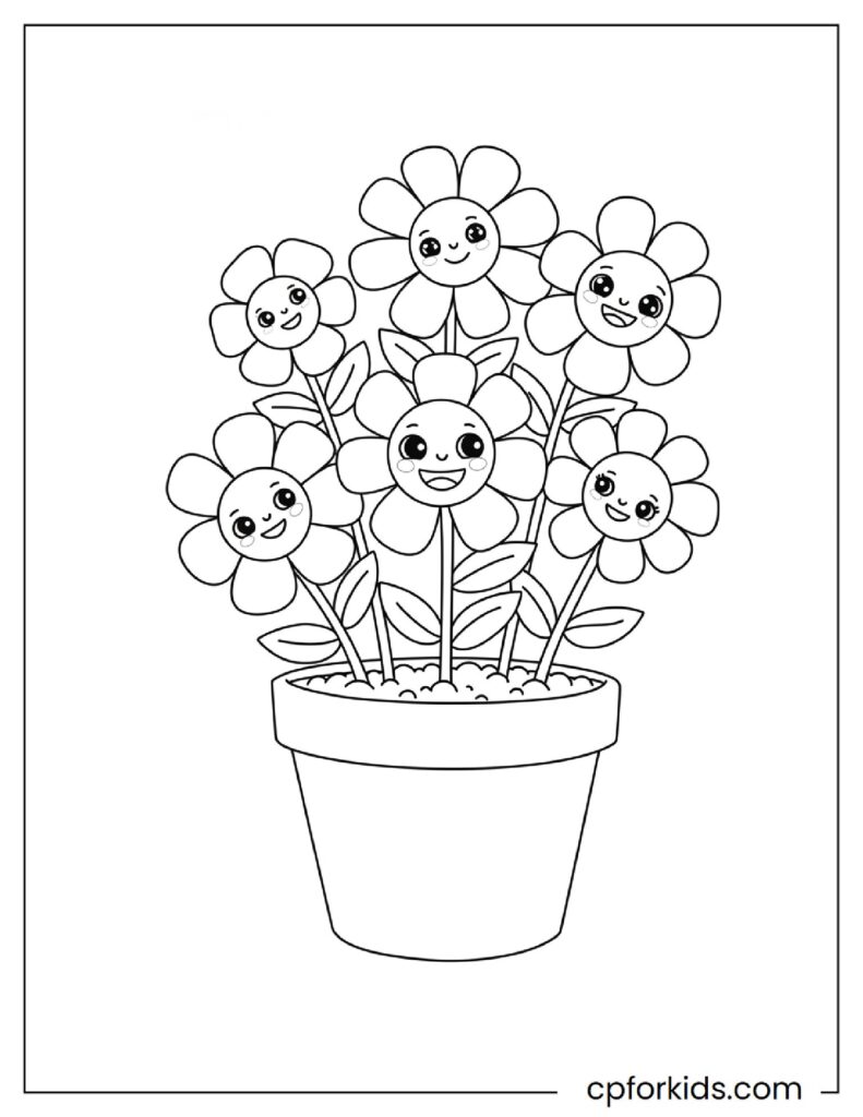 Cute smiling flowers in pots, easy printable coloring page.