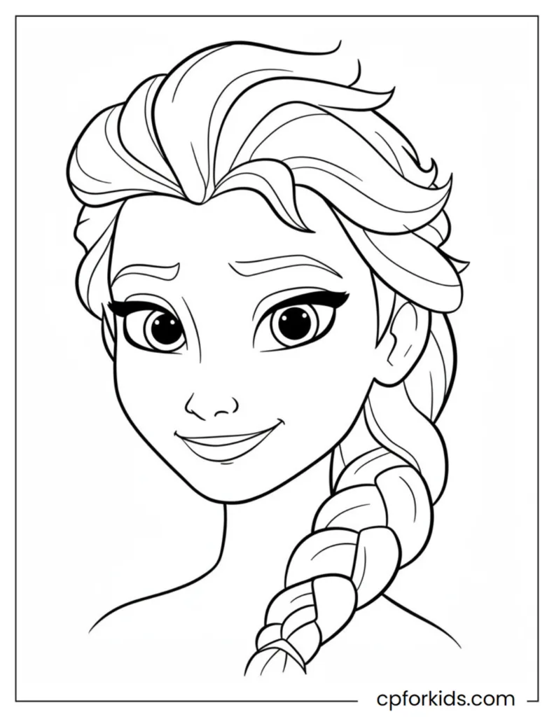 An easy-to-color drawing of Princess Elsa's facial features and braided hair.