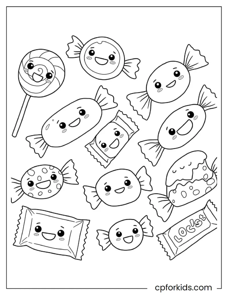 Drawing of Popular Types of Candy with Smiling Faces