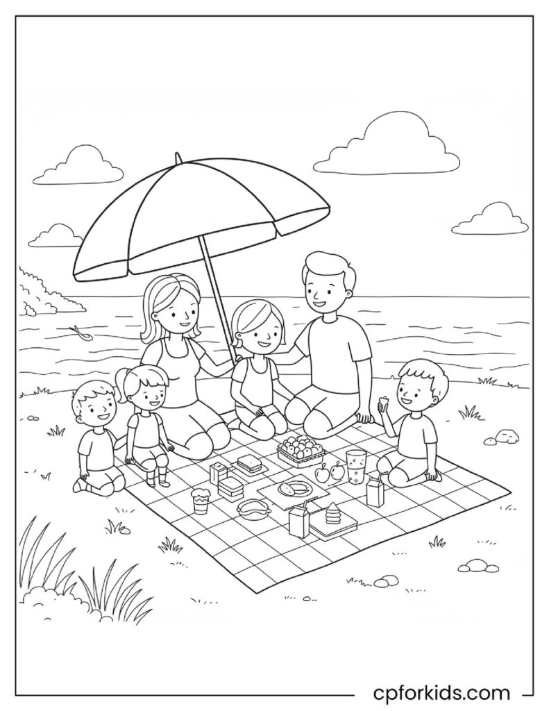 Family having a picnic by the sea, printable coloring book sheet.