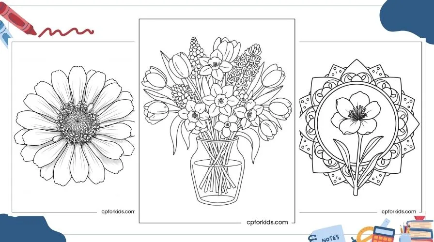 In-text preview showing a collage of three flower coloring pages: an easy vase design, a detailed Mandala flower, and the Zinnia Flower Magical Beauty draft, highlighting the variety for all ages. Includes the cpforkids logo.