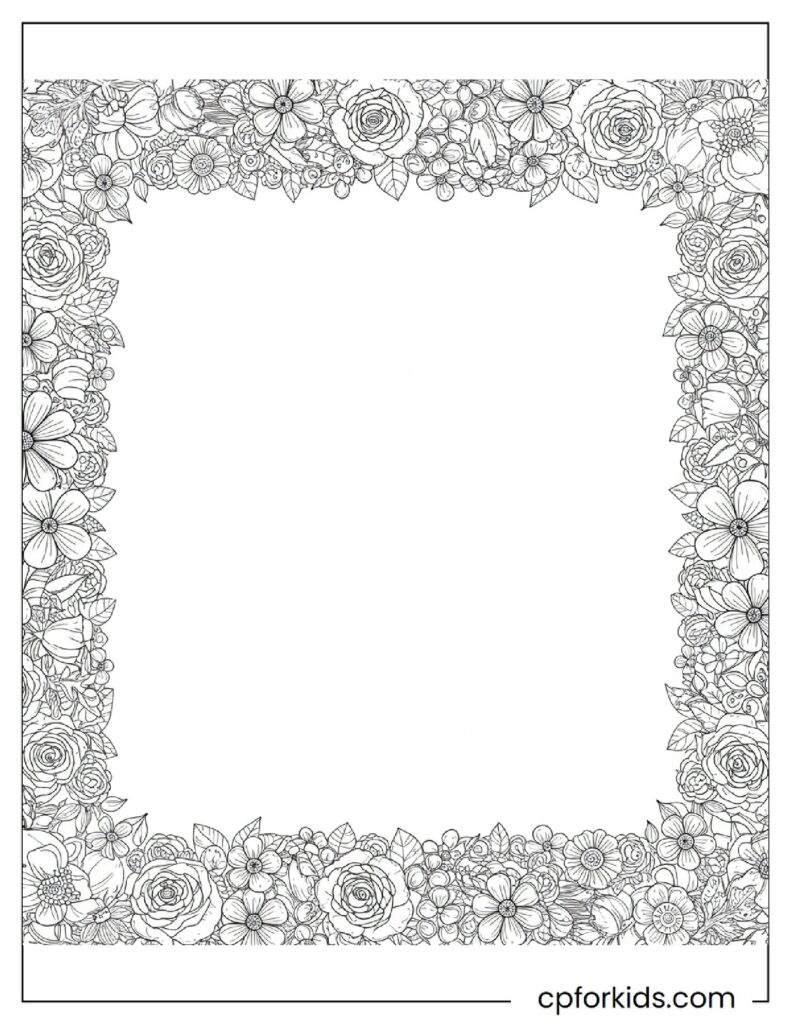 Flower picture frame, printable border coloring page.