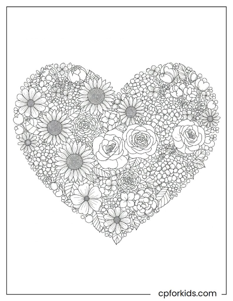 Heart shaped flower garden, romantic printable coloring page.