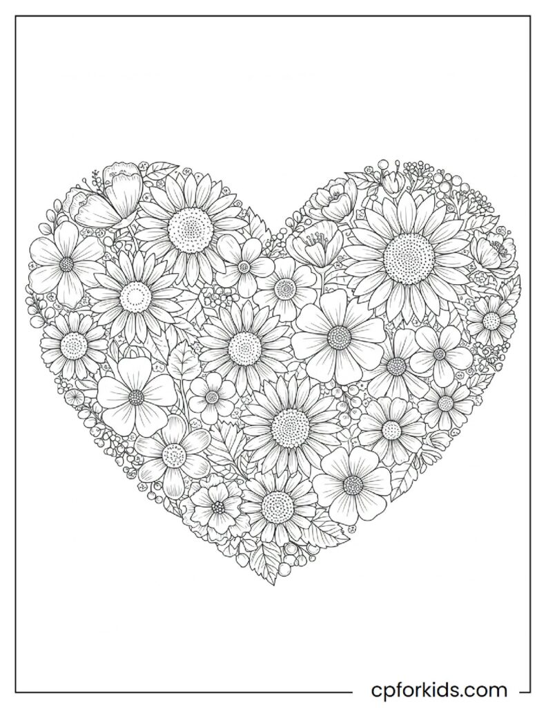 Heart shaped wildflower coloring page, easy printable sheet.