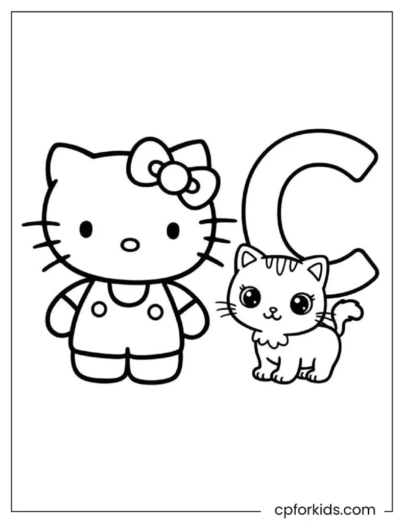 Hello Kitty and a cute cat next to the letter C, ABC coloring page for kindergarten, free printable PDF.