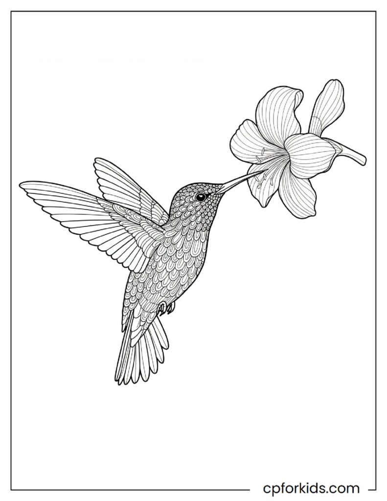 Hummingbird feeding on a tropical flower, nature coloring page.