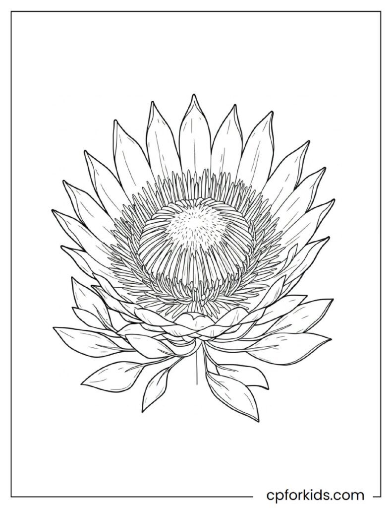 King Protea Cynaroides portrait coloring sheet, exotic flower design.