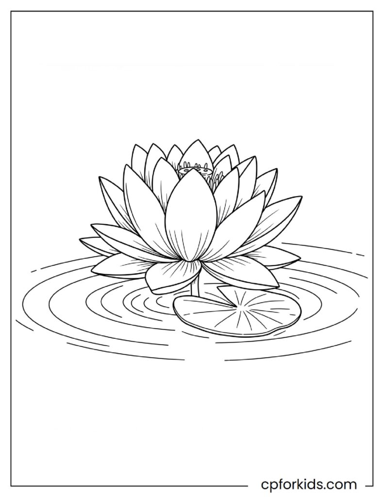 Lotus flower floating on water, serene coloring sheet.