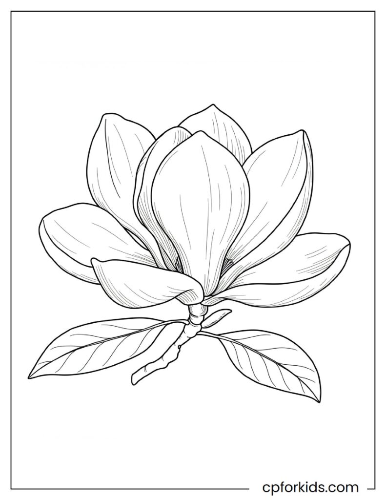Magnolia flower with magical leaves, fantasy flower coloring page.
