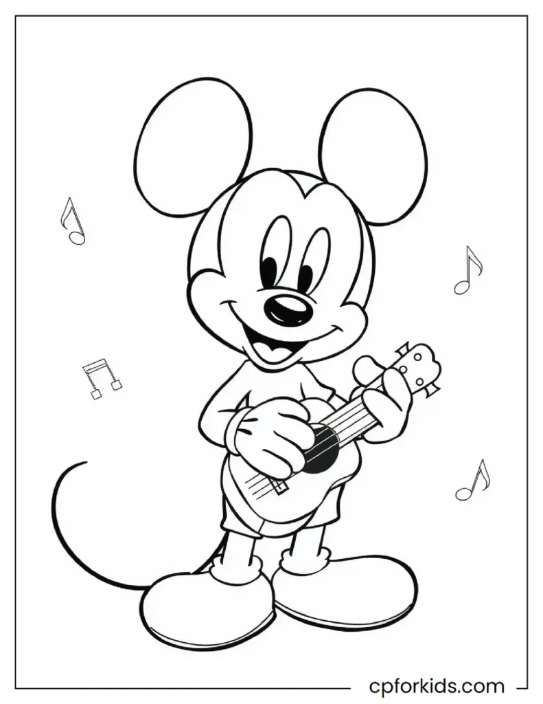 Mickey Mouse composing music with a small guitar, free printable coloring sheet.