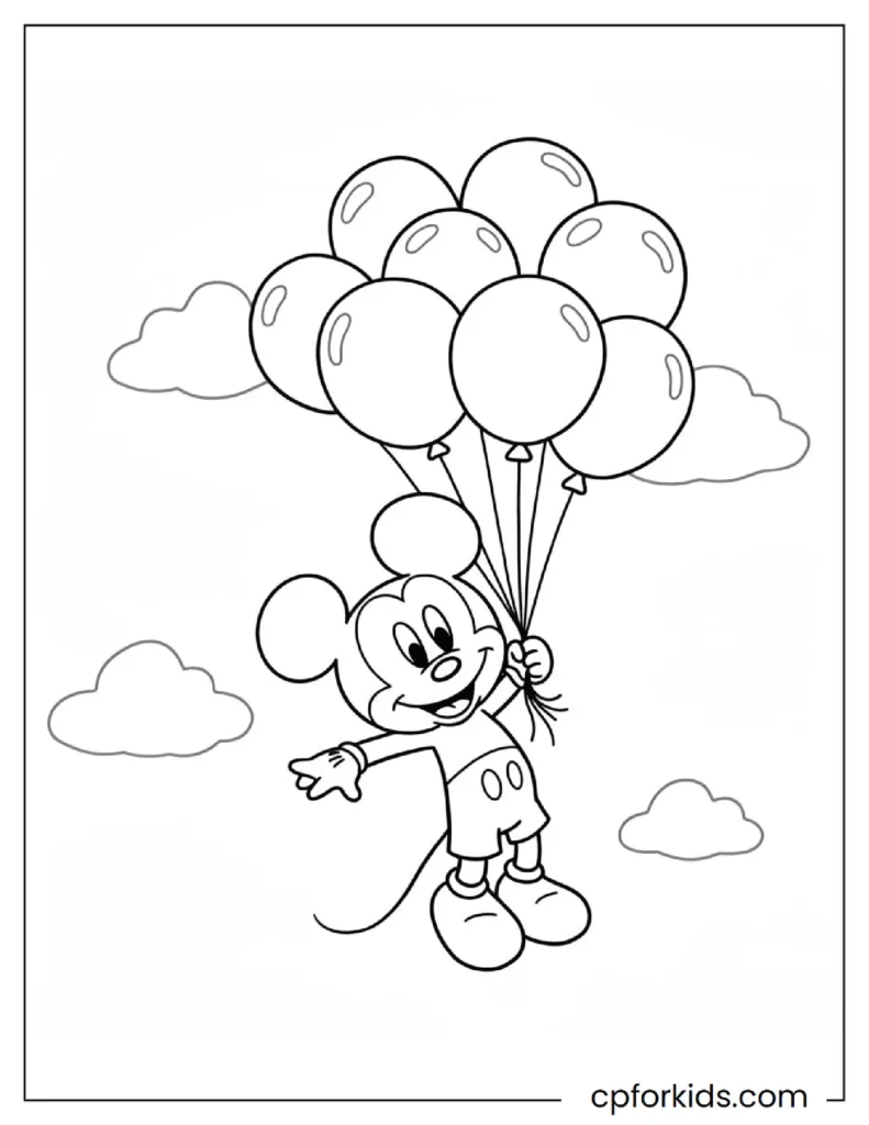 Mickey Mouse flying into the sky holding balloons, a fun adventure coloring page.