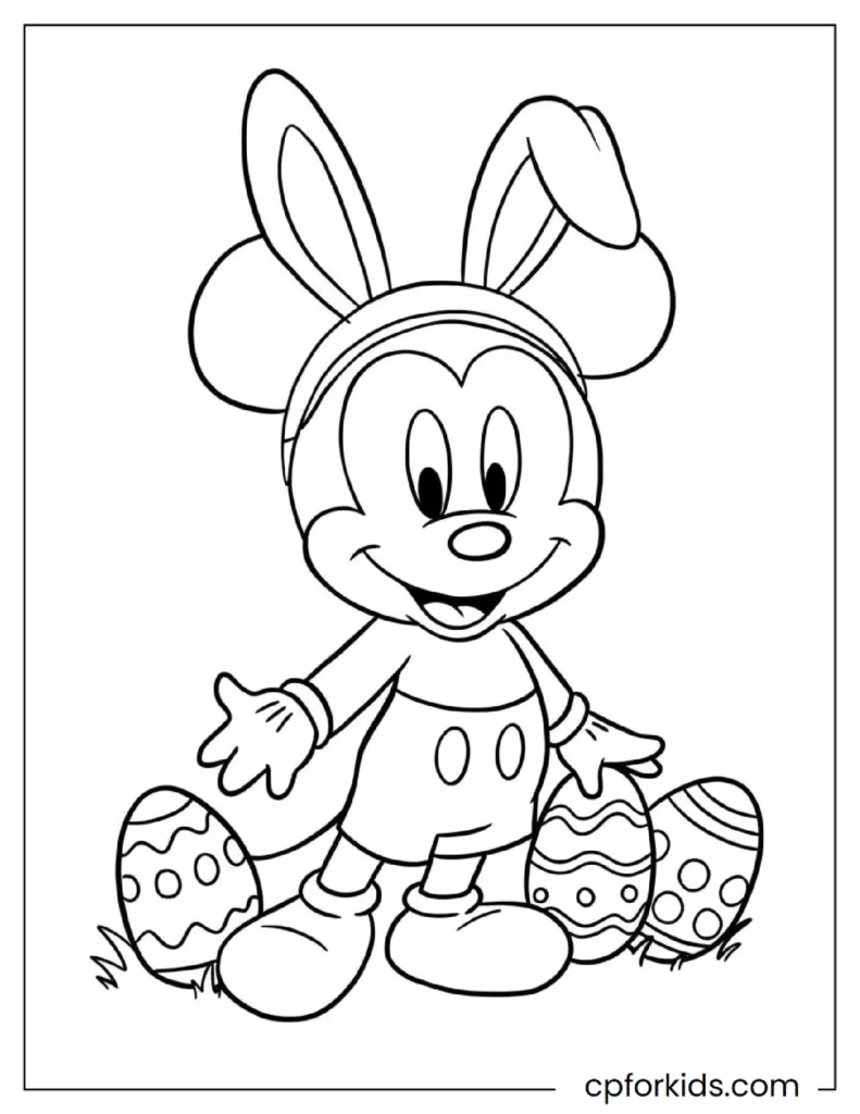 Mickey Mouse wearing bunny headphones plays games with Easter eggs, fun holiday coloring page.