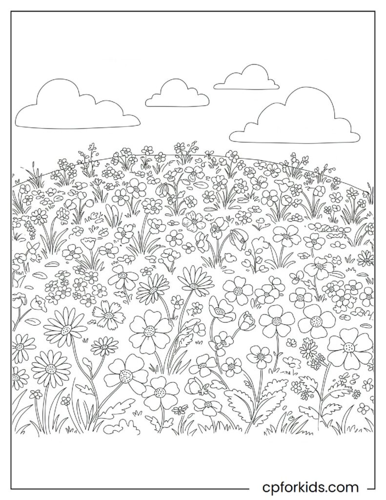 Mixed small wild flowers, printable nature coloring sheet.