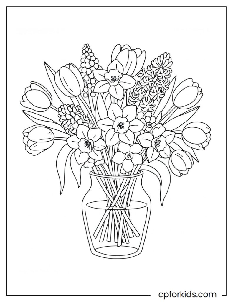 Mixed spring flowers in a vase, printable coloring page.