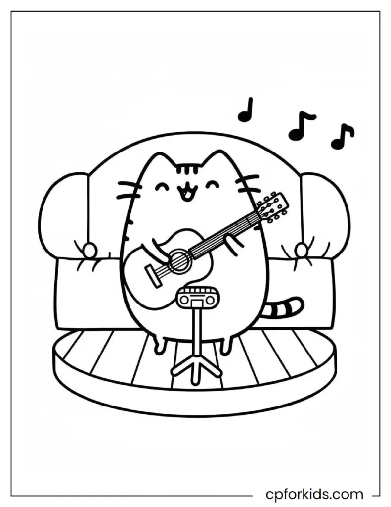 Pusheen Coloring Pages (Free PDF Printables) 4 Pusheen Plays Guitar and Sings on a Small Stage