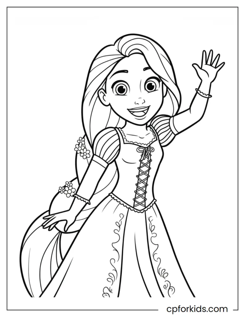 Free printable PDF coloring pages of the beautiful Princess Rapunzel, with her flawless beauty and heart-stirring energy.