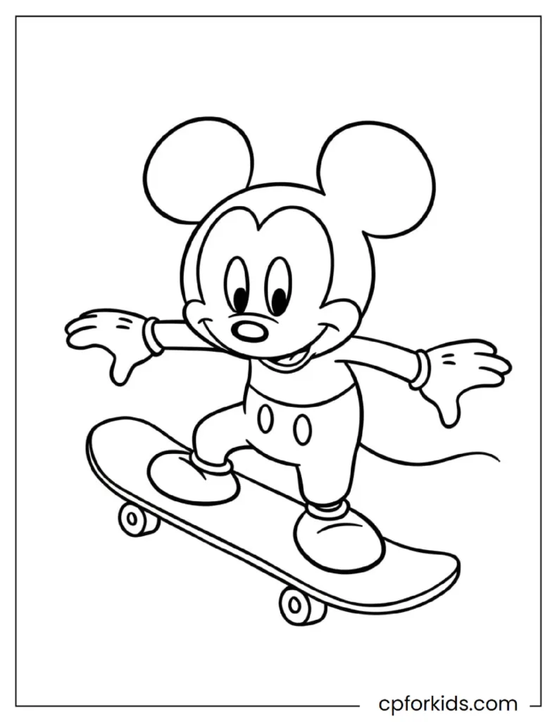 Simple drawing of Mickey Mouse riding a skateboard for kids, action printable sheet.
