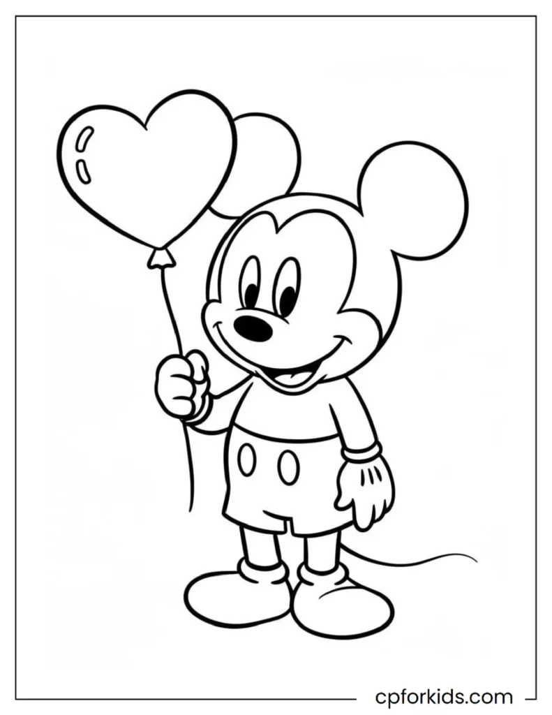Smiling Mickey Mouse holding a heart-shaped balloon, a sweet Valentine's Day coloring picture.