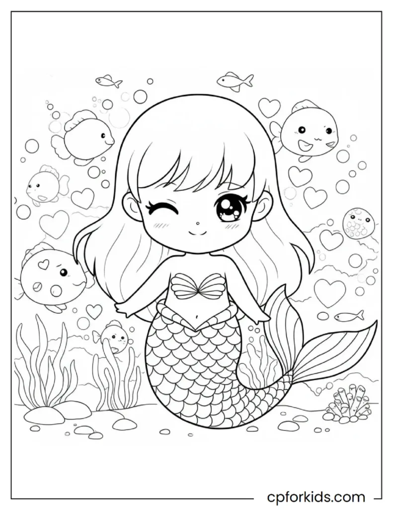 Mermaid Coloring Pages – Free Printable PDF 14 Tiny cute Kawaii style mermaid surrounded by hearts and fish winks, adorable printable sheet.