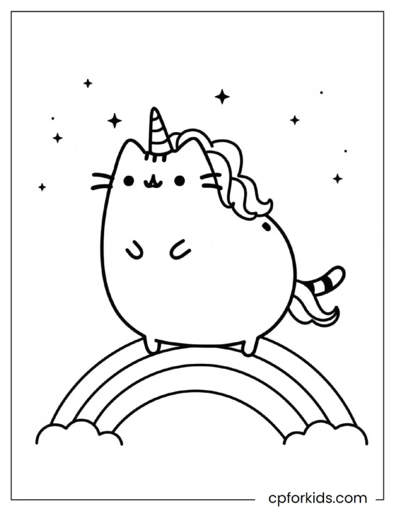 Pusheen Coloring Pages (Free PDF Printables) 7 Unicorn-Themed Pusheen on a Rainbow