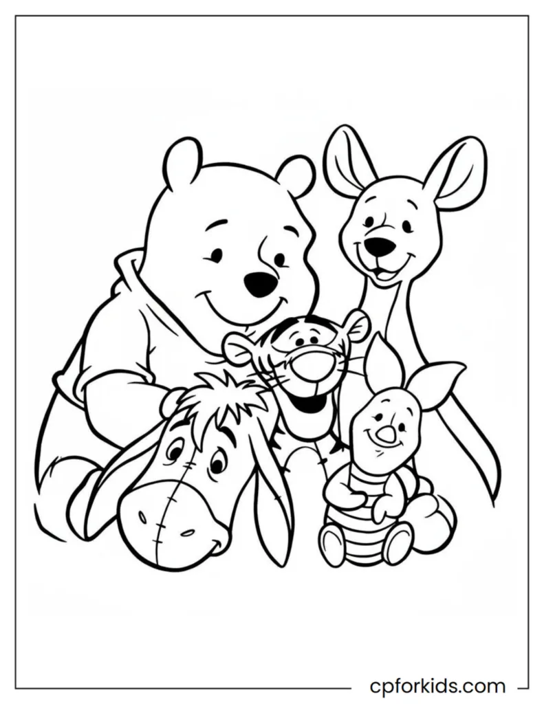 A collection of over 100 free coloring pages featuring the characters Winnie the Pooh, Piglet, Tigger, and Eeyore.