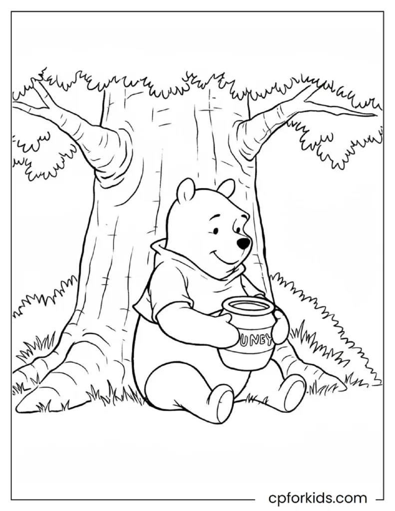 Winnie the Pooh Coloring Pages for Kids – Free Printable PDF 29 Winnie the Pooh Coloring Pages with a Jar of Honey in Her Hand Under the Tree