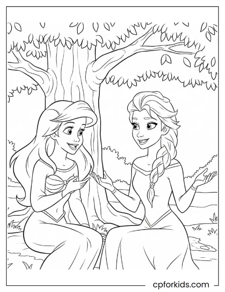 Free printable of Ariel and Elsa sitting under a tree