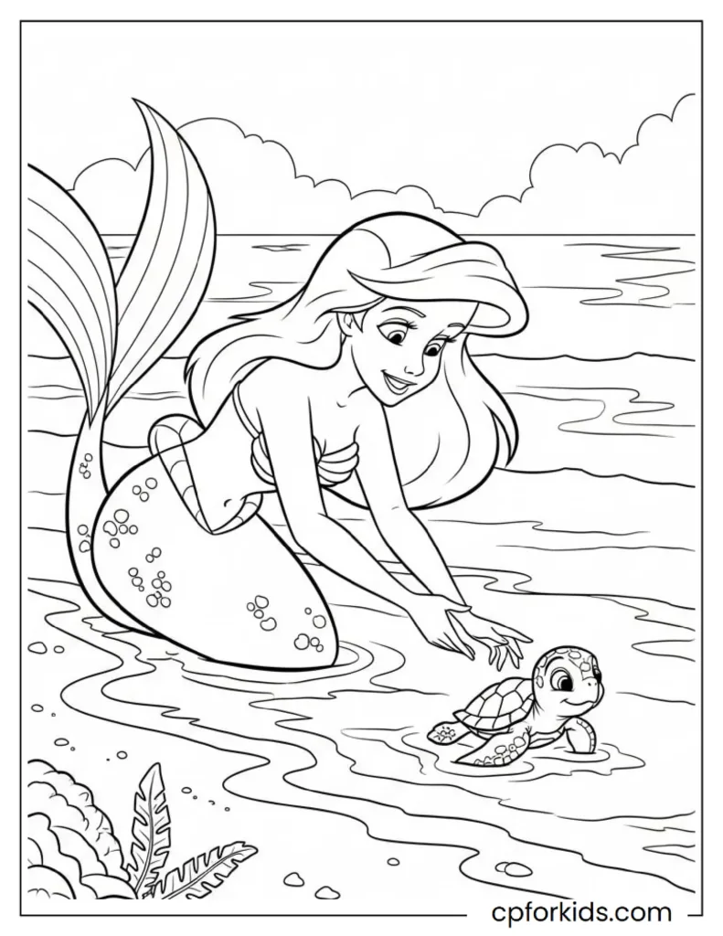 Ariel guiding a baby turtle in the sea