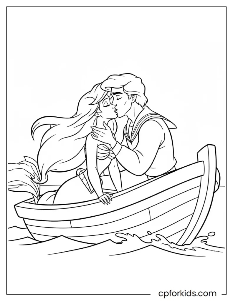 Ariel and Eric kissing in the boat