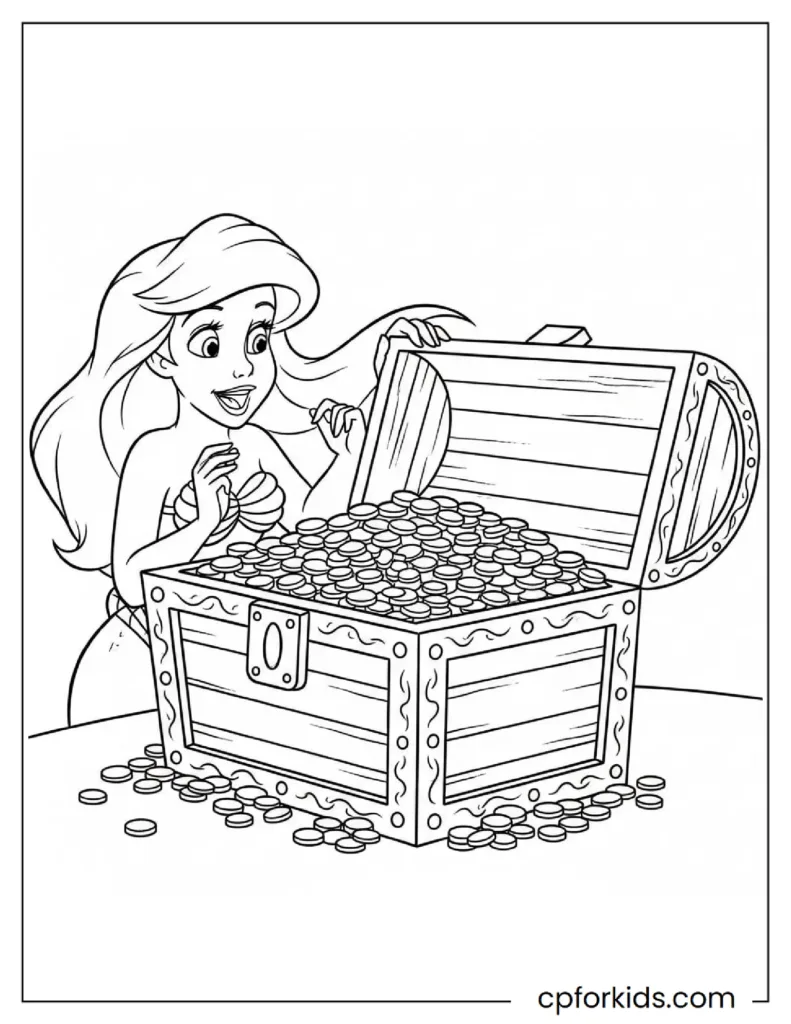 Ariel near treasure chests inside a sunken ship