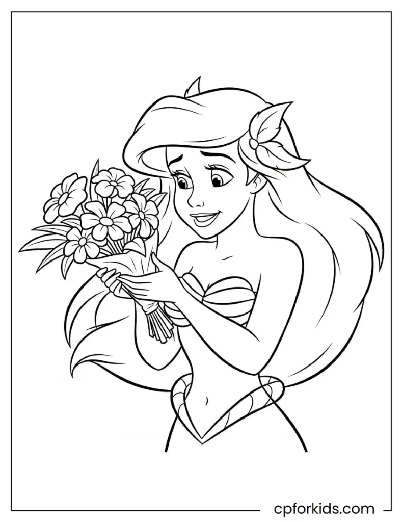 Ariel underwater holding a sea flower bouquet with a calm, graceful smile