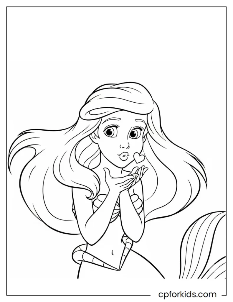 Ariel blowing a kiss underwater with heart bubbles