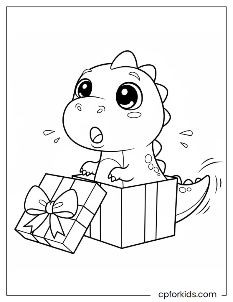 Dinosaur Coloring Sheet drawing a surprised chibi dino inside a gift box.