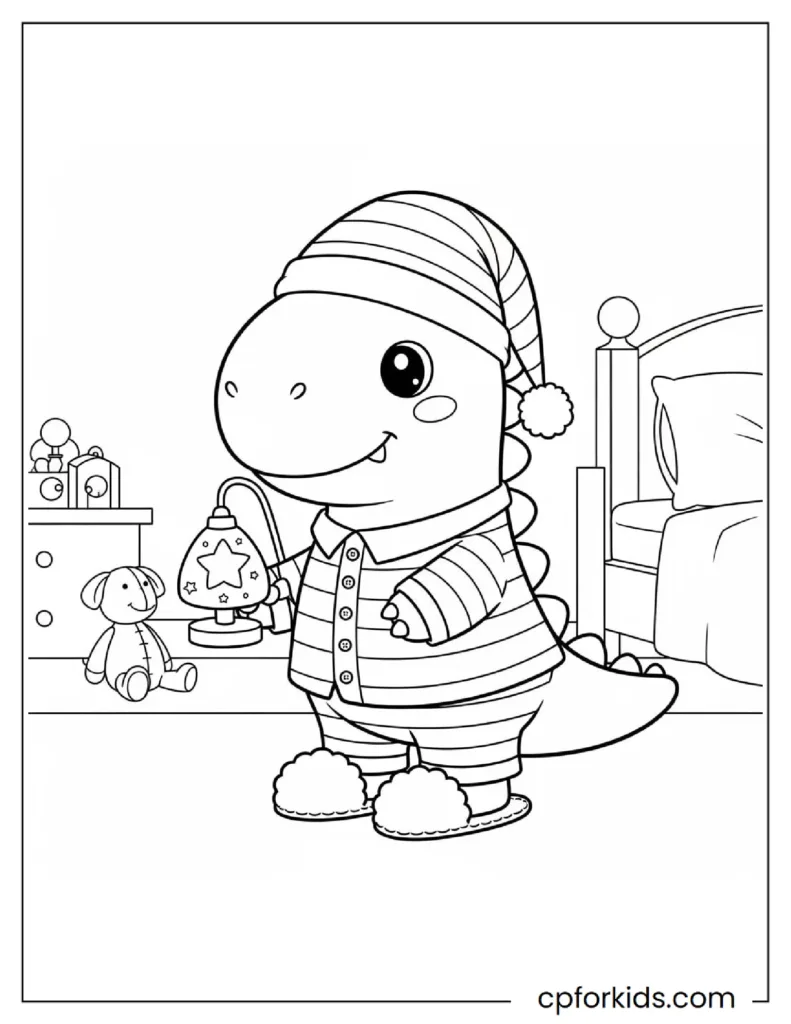 Chibi Dinosaur Coloring Page drawing a dino in pajamas with a night light (PDF).