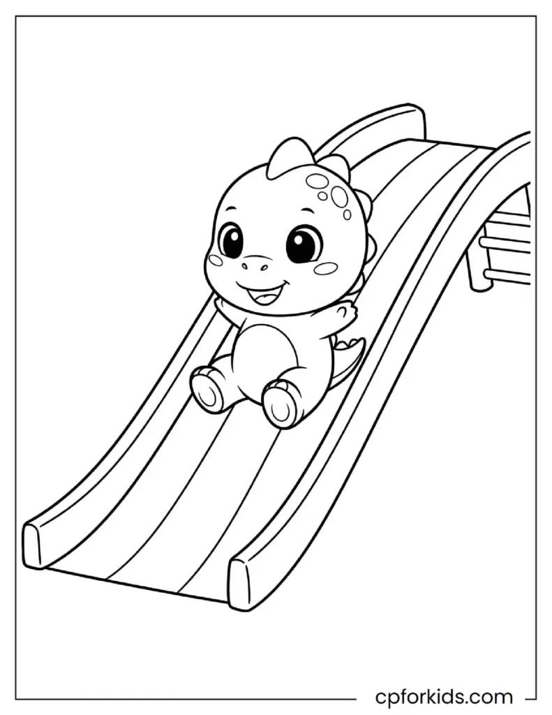 Fun Dinosaur Coloring Page drawing a chibi dino sliding down a rainbow.