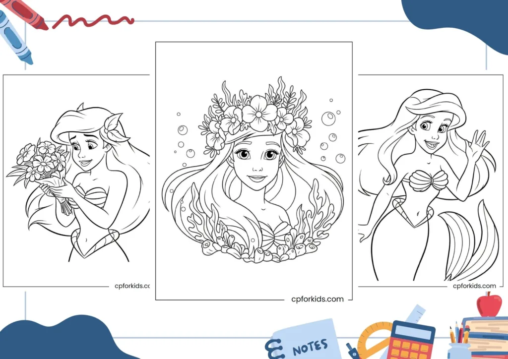 Ariel coloring pages featuring Ariel depicted in her mermaid form, highlighted within the text.