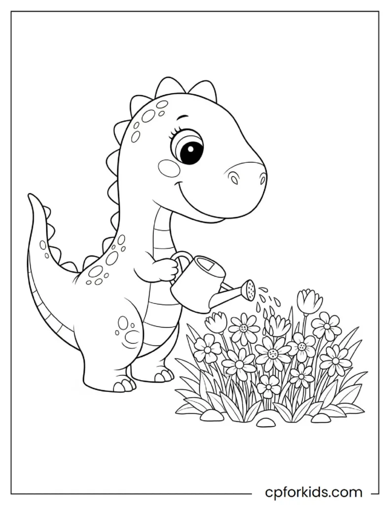Dinosaur Coloring Sheet of a happy dino watering flowers (Free Printable).