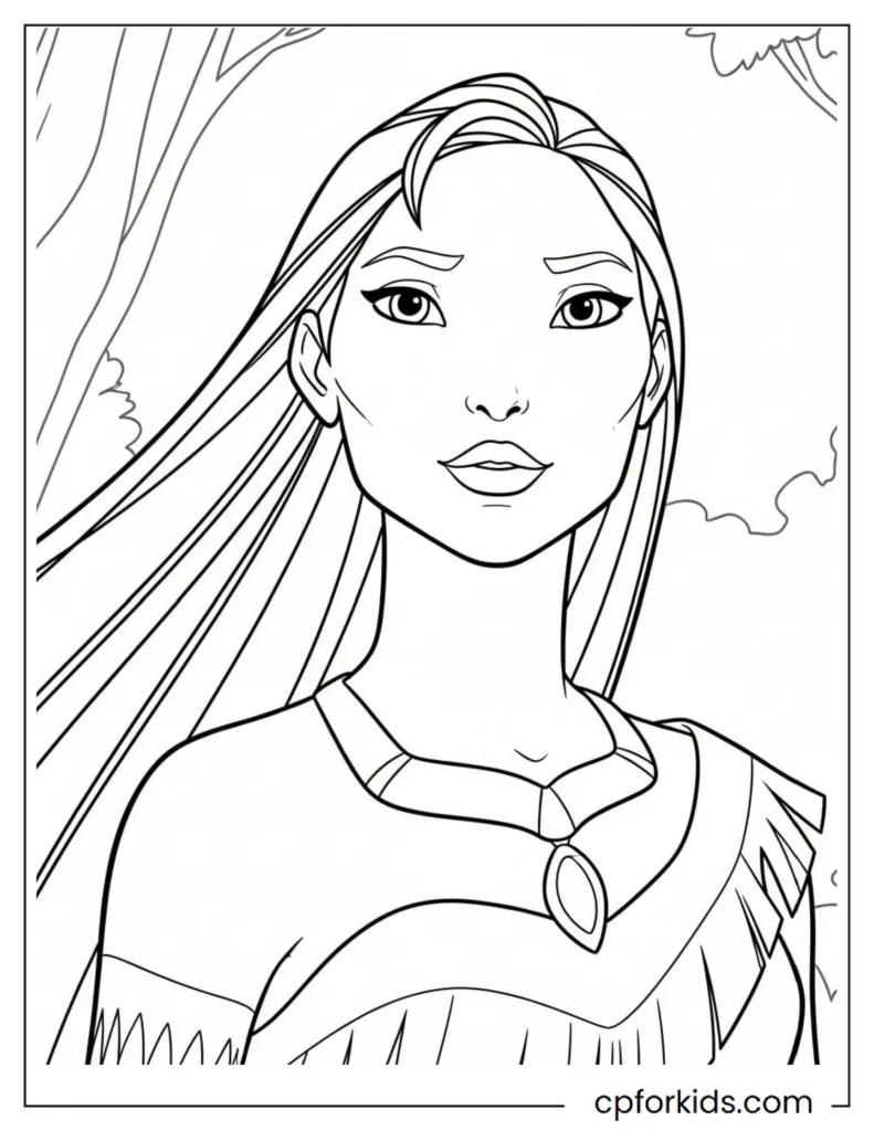 A Pocahontas coloring page with hair blowing in the wind, a Native American bohemian outfit, and unique beauty.