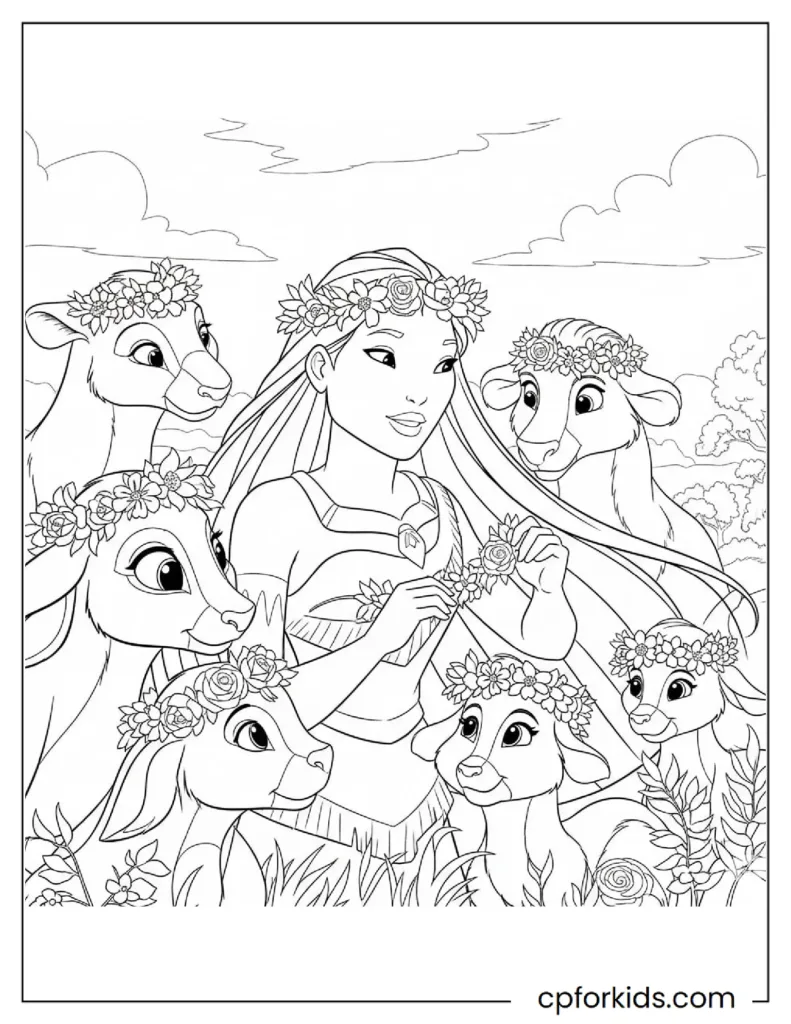 Printable Pocahontas Coloring Pages: Nature, Meeko & Flit Adventures 9 Beautiful Pocahontas coloring pages drawing her looking beautiful in a natural flower crown.