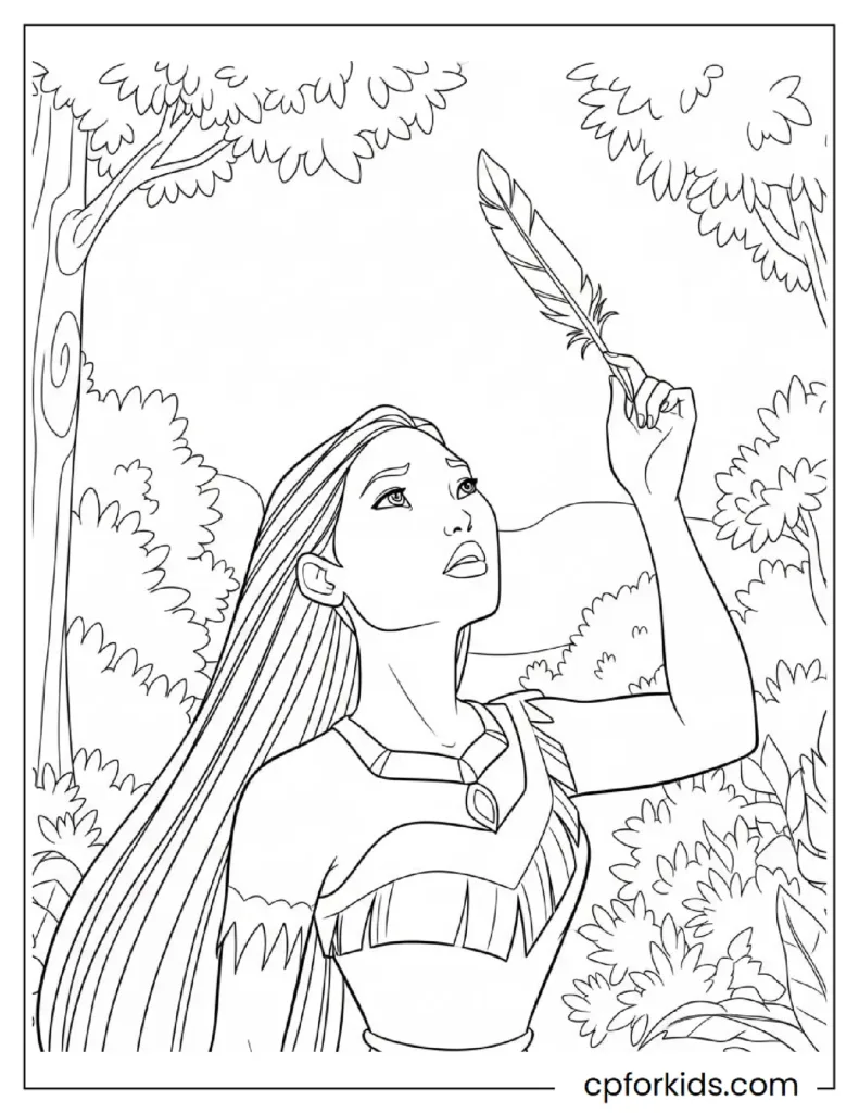 Printable Pocahontas Coloring Pages: Nature, Meeko & Flit Adventures 10 Pocahontas coloring page featuring the princess holding a sacred feather with deep meaning.