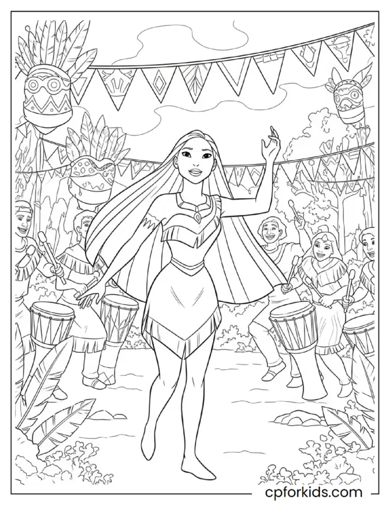 Printable Pocahontas Coloring Pages: Nature, Meeko & Flit Adventures 14 Joyful Pocahontas Coloring Pages showing the princess dancing during the nature festival celebration.