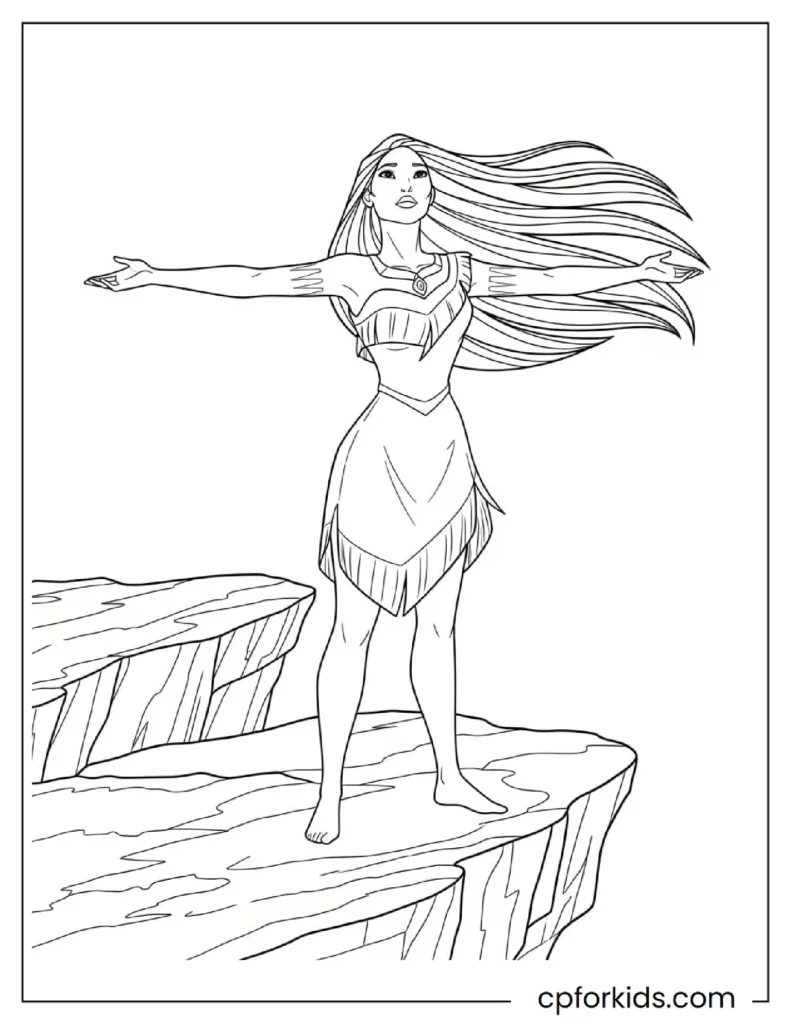 Printable Pocahontas Coloring Pages: Nature, Meeko & Flit Adventures 16 Iconic Pocahontas Coloring Pages design of the princess standing boldly on a cliff with the wind in her hair.