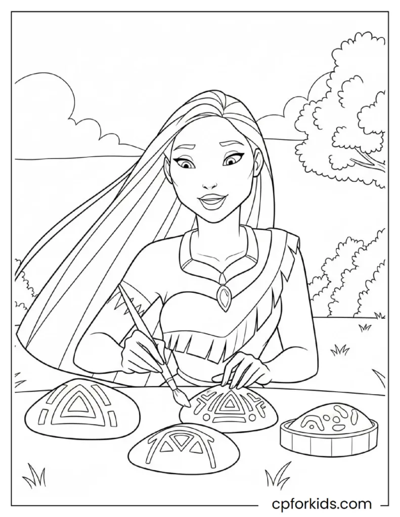 Printable Pocahontas Coloring Pages: Nature, Meeko & Flit Adventures 17 Educational Pocahontas Coloring Pages of the princess painting meaningful tribal symbols with care.