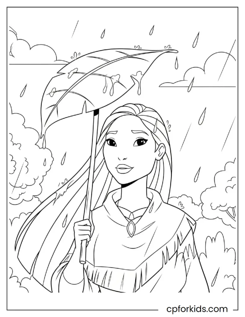 Printable Pocahontas Coloring Pages: Nature, Meeko & Flit Adventures 19 Happy Pocahontas Coloring Pages drawing the princess smiling as she enjoys the gentle rain.