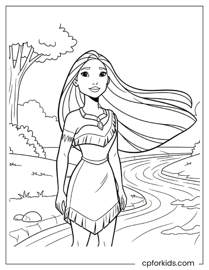 Printable Pocahontas Coloring Pages: Nature, Meeko & Flit Adventures 20 Calm Pocahontas Coloring Pages of the princess reflecting near the riverbank, suitable for older kids.