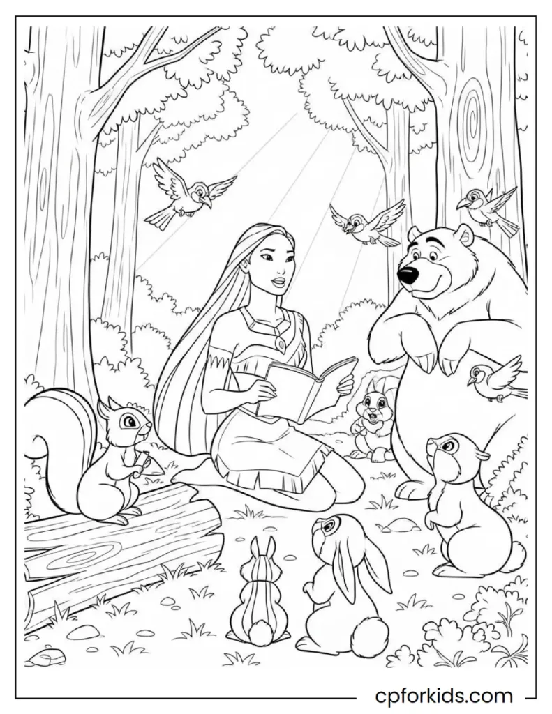 Printable Pocahontas Coloring Pages: Nature, Meeko & Flit Adventures 21 Pocahontas Coloring Pages showing the princess sharing a traditional story with young listeners.