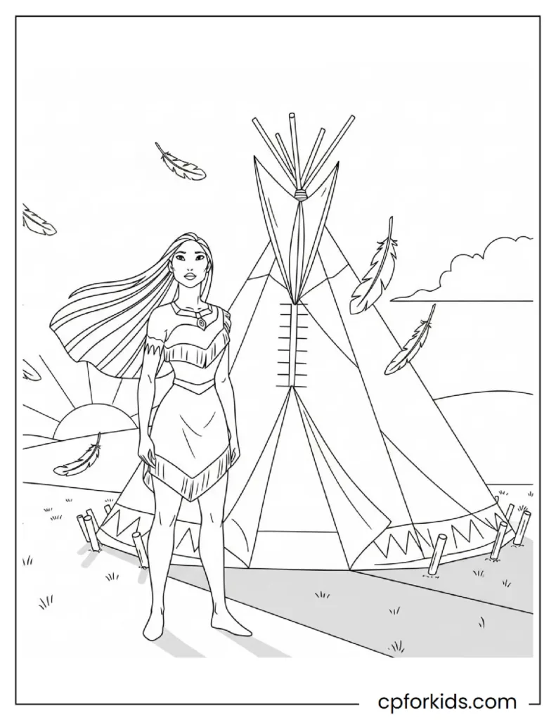 Printable Pocahontas Coloring Pages: Nature, Meeko & Flit Adventures 22 Easy Pocahontas Coloring Pages for young children: Pocahontas enjoying a peaceful sunset beside her tipi.